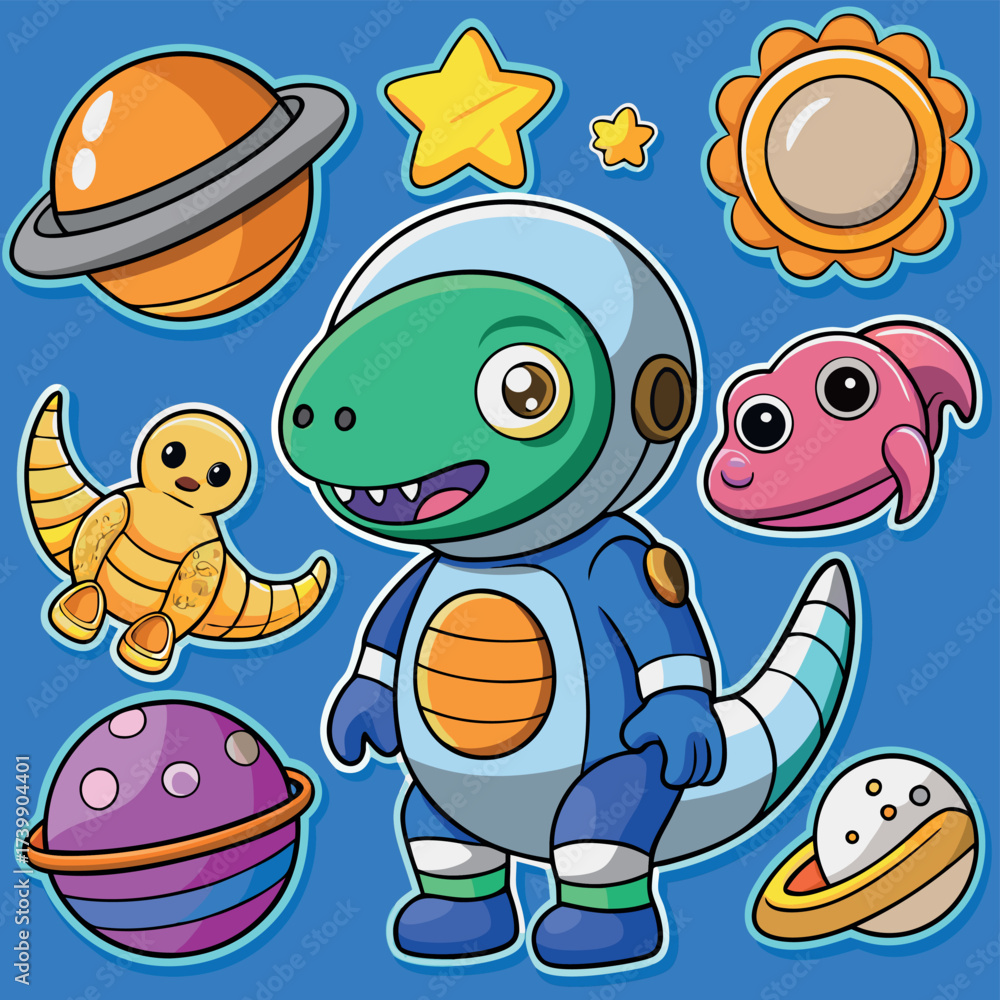 Fototapeta premium Cute cartoon dinosaur astronaut exploring planets and stars in outer space adventure