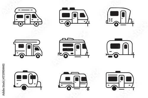 minimal rv camper illustration grid 3x3 line art vector icons for outdoor and travel design