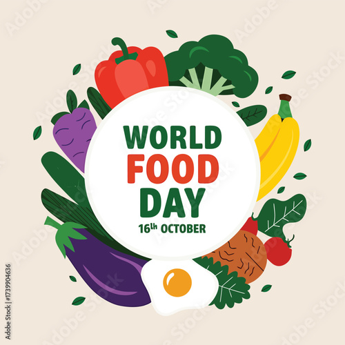 Vector art of world food day celebrated on october 16th with a vibrant circle of fresh fruits and vegetables, symbolizing healthy eating and global nutrition awareness