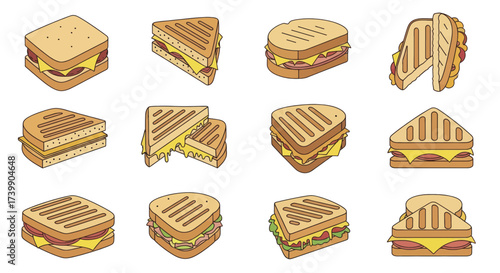 Set of grilled sandwich icons in various shapes and fillings.
