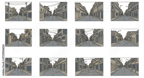 Handdrawn storyboard frames collection of an empty city street.