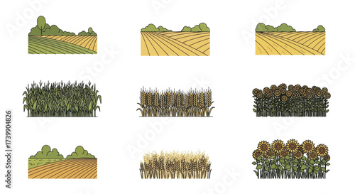 Agricultural crops and farm fields line art icon set.