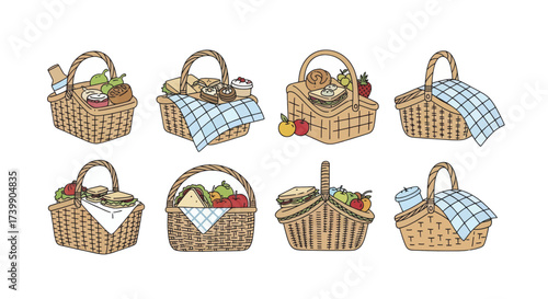 Collection of handdrawn wicker picnic baskets with food.