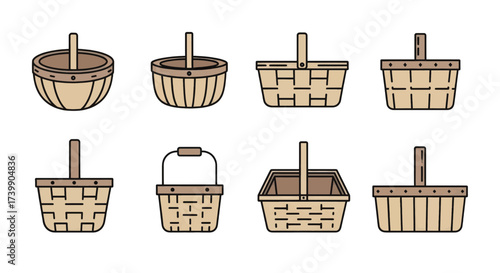 Collection of various empty wicker baskets vector icons.
