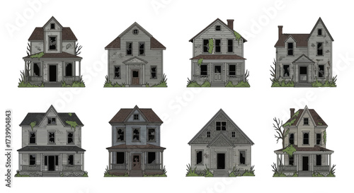 Handdrawn Collection of Eight Derelict and Spooky Houses.
