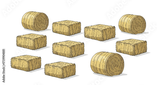 Collection of hand drawn hay bales round and square shapes illustration.