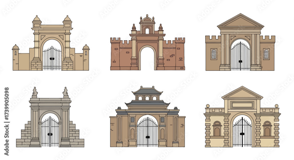 Fototapeta premium Set of various architectural gates and entrances isolated on white.