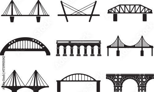 modern bridge silhouettes vector set nine designs cable stayed suspension truss arch stone bridges ai eps png jpeg