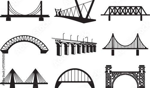 collection of nine bridge silhouettes vector illustrations cable stayed suspension truss arch stone architectural icons