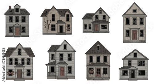 Set of eight old abandoned and derelict houses.