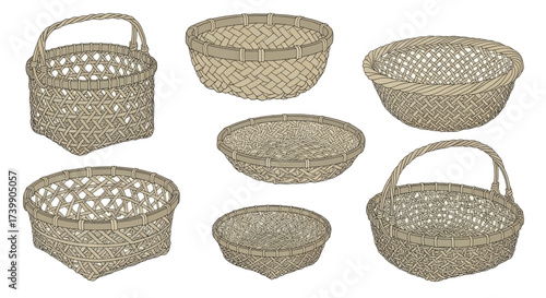 Set of Handwoven Wicker Baskets in Various Shapes and Sizes.