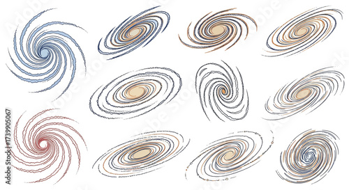 Set of handdrawn spiral galaxy and vortex illustrations.