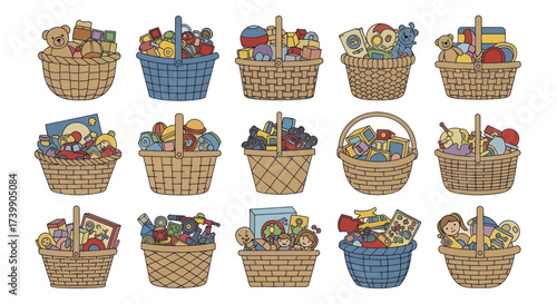 Set of cartoon baskets filled with various childrens toys.