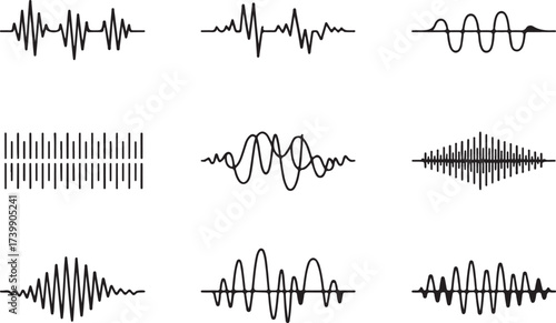 vector waveform collection showing noise tones harmonics envelopes and spectra for scientific illustration