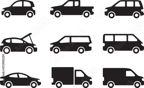 set of 9 vehicle silhouette icons: car van truck pickup hatchback sedan box truck delivery van