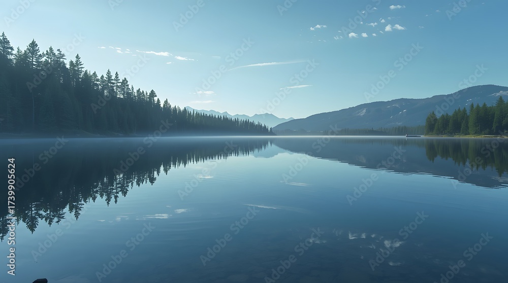 Fototapeta premium Stunningly serene lake reflecting mountains and forest under a clear blue sky, perfect for inspiring travel, nature, and peaceful contemplation