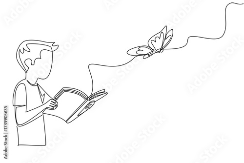 Single one line drawing a boy opens a thick book which releases a large butterfly. Read the legendary stories. Myth. Butterfly Education and Awareness Day. Continuous line design graphic illustration