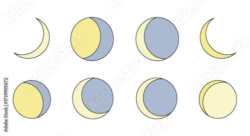 Simple colorful illustration of the moons phases cycle.