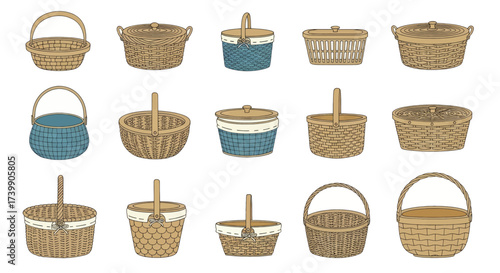 Set of various hand drawn wicker baskets isolated on a white background.