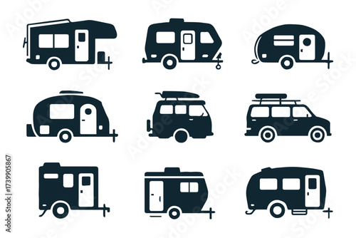camper and trailer icon collection 9 silhouettes motorhome travel trailer campervan vector files