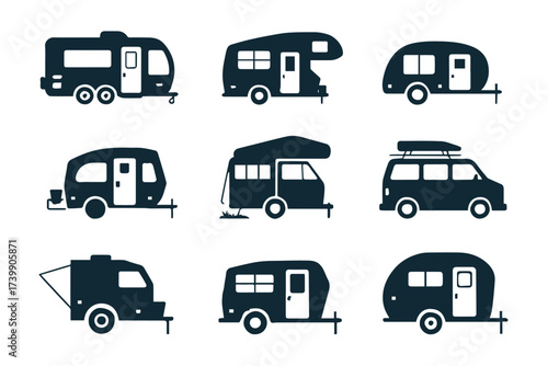travel rv icon pack 9 silhouettes camper trailer motorhome caravan scalable vector ai eps png jpeg