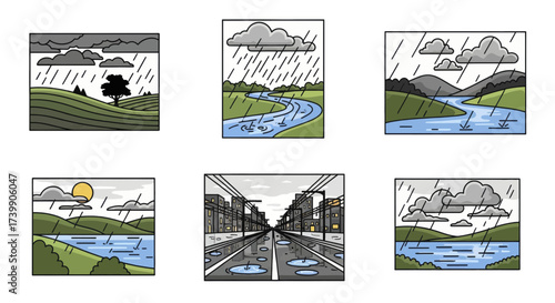 Set of six cartoon illustrations depicting rainy weather scenes in various landscapes and a city.