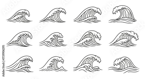 Set of ocean waves in traditional Japanese style line art.