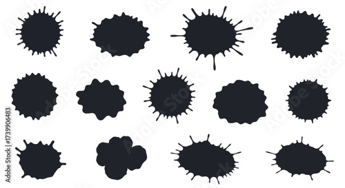 Collection of black ink splatters and paint blots 1.