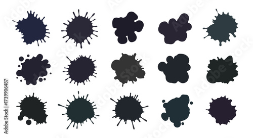 Collection of black ink splatters and blots isolated on white.
