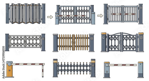 Vector illustration set of automatic gates and barrier systems.