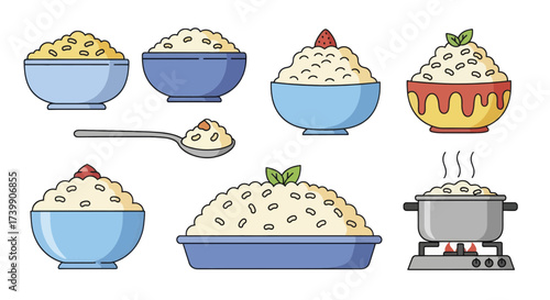 Set of delicious rice porridge bowls and cooking pot illustration.
