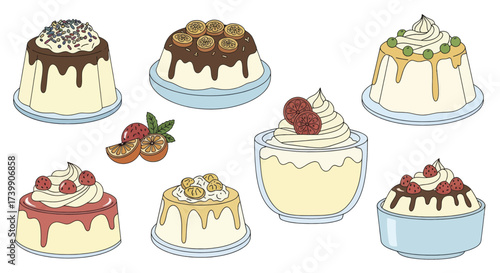 Set of delicious cartoon puddings and cakes illustration.