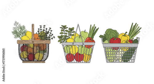 Set of three shopping baskets with fresh fruits and vegetables.