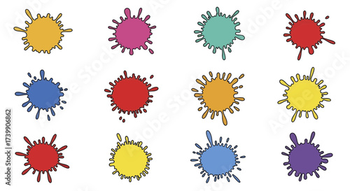 Set of twelve colorful cartoon paint splatters.