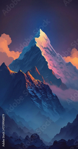 Sunset over the mountains. Minimalist backdrop. Nature, success, travel, holiday concept
