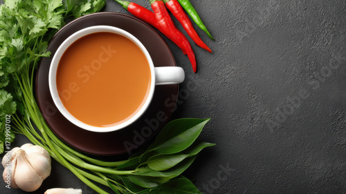 Fototapeta Naklejka Na Ścianę i Meble -  A steaming cup of spiced masala chai tea rests on a dark plate surrounded by fresh cilantro, garlic, and vibrant chili peppers, inviting warmth and flavor.