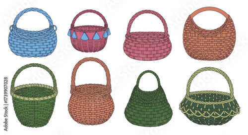 Set of eight colorful handdrawn wicker baskets.