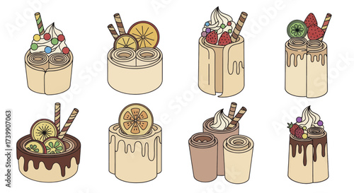 Collection of colorful stirfried rolled ice cream desserts vector illustrations.