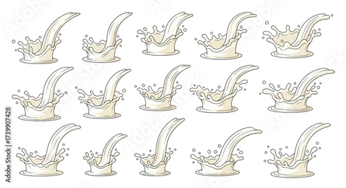 Set of cartoon milk splash and pouring liquid illustrations.