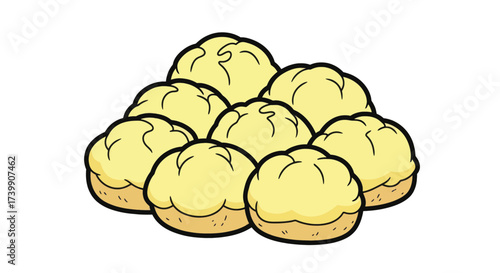 Cartoon illustration of a pile of fresh baked scones or biscuits.