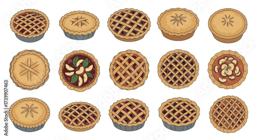 Collection of assorted homemade pies vector illustration.