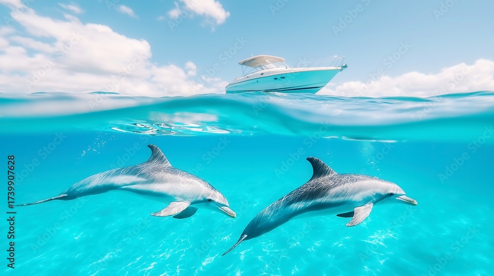 Fototapeta premium Dolphins swimming in clear blue waters, playful marine mammals interacting, perfect for ocean conservation themes.