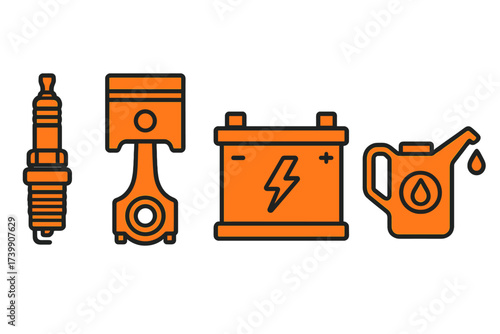 Set of automotive engine and electrical components including spark plug piston battery and oil container