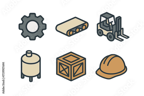 Isometric industrial equipment and logistics symbols set for manufacturing and supply chain operations