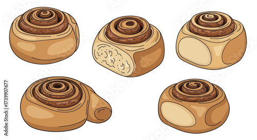 Set of five delicious cinnamon rolls illustration.