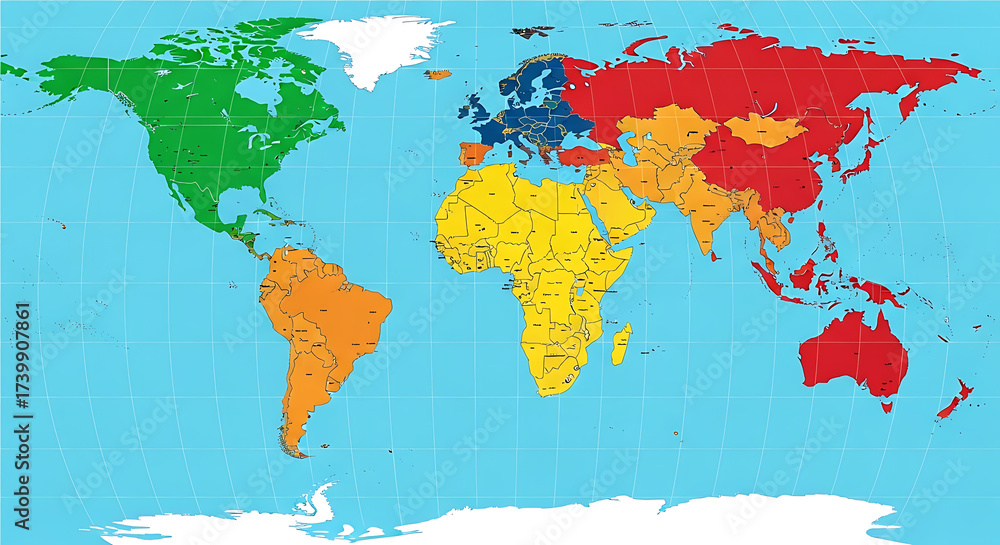 Fototapeta premium World map displaying continents with different colors illustrating geography and global connections in a vibrant and informative way.