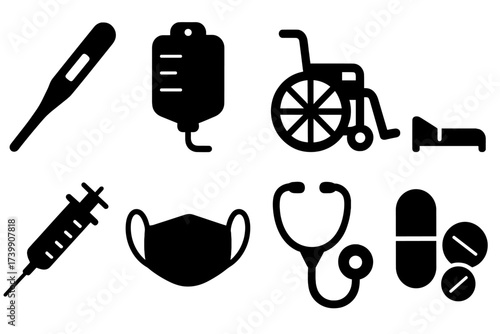 Collection of black silhouette icons depicting medical tools, hospital equipment, and pharmaceutical items