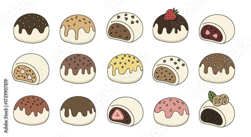 Set of cute cartoon Japanese mochi desserts illustration.