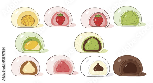 Vector illustration set of various Japanese mochi desserts.