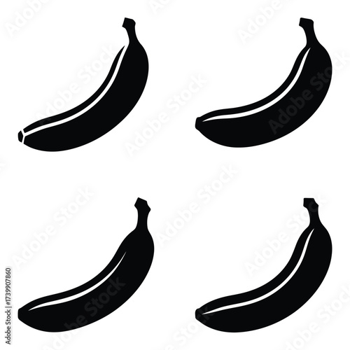 Four silhouette bananas displayed top left top right bottom left and bottom right positions against silhouette